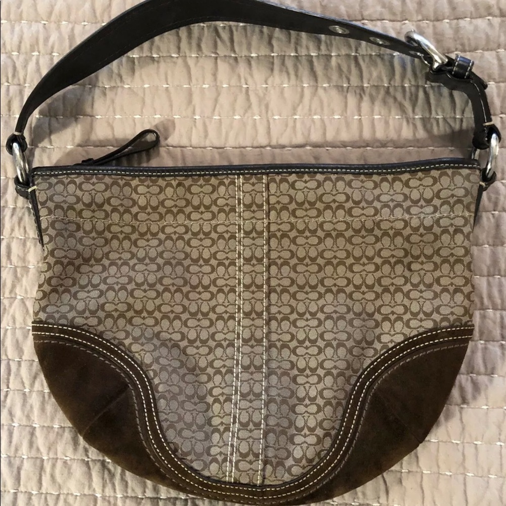 Coach Signature Logo Suede Womens Brown Tan Hobo Shoukder Bag Purse F0732-F10924 - Picture 2 of 12